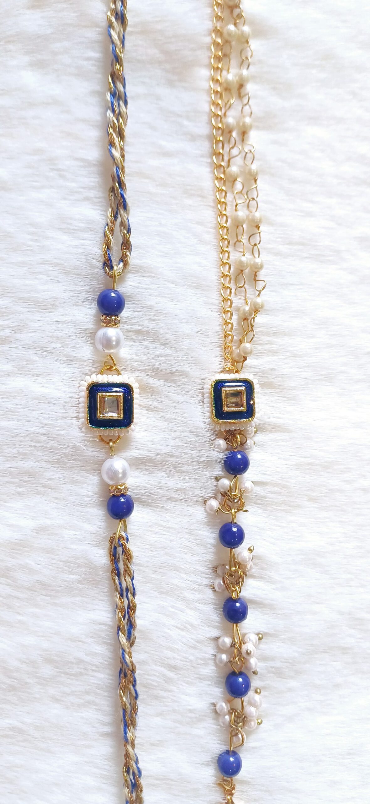 Couple Rakhi with Blue and Golden color with pearls