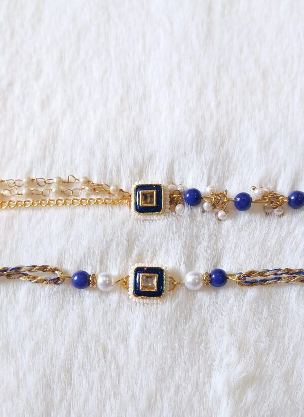 Couple Rakhi with Blue and Golden color with pearls - Image 3