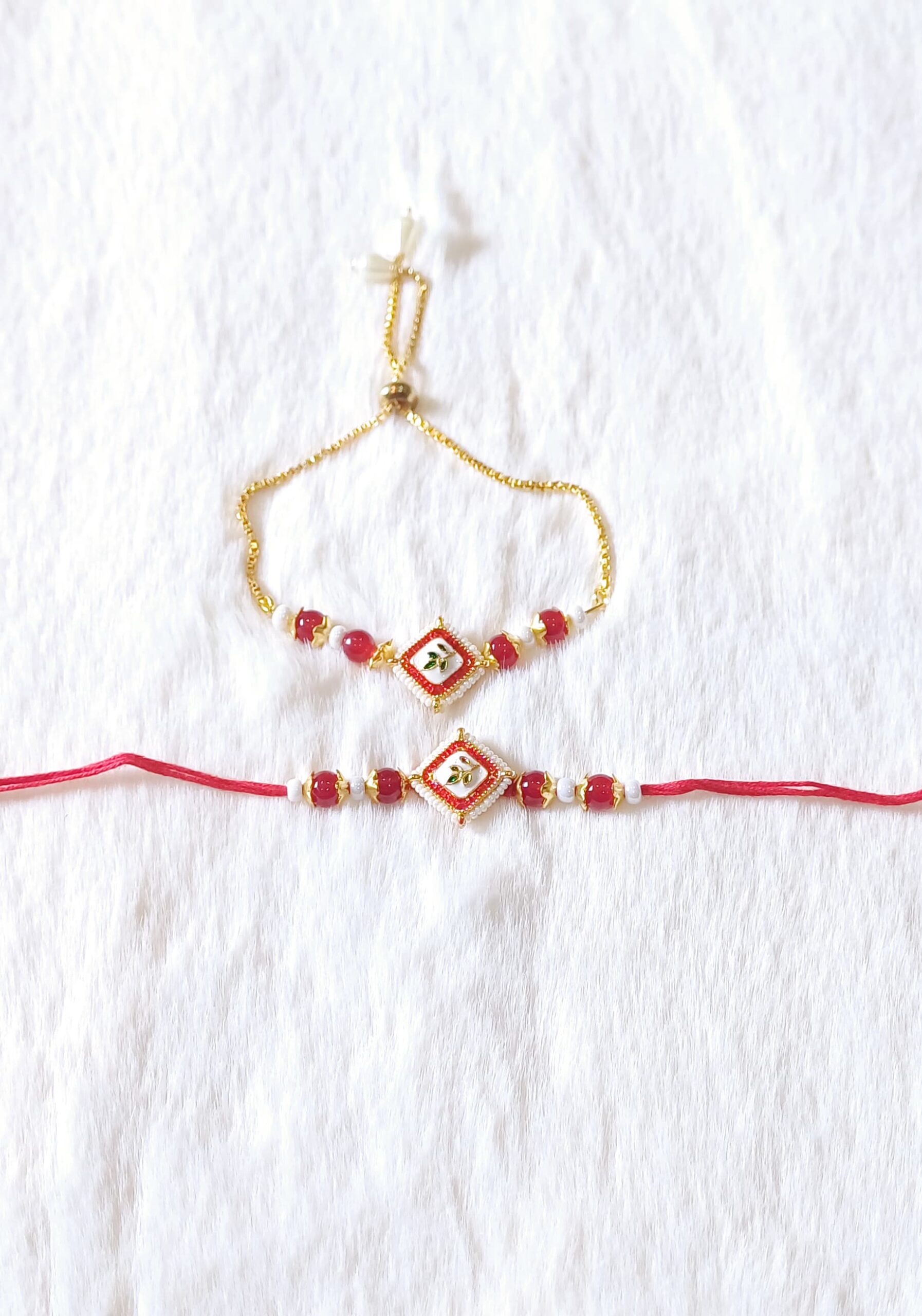Red White color with Green flower in square design Rakhi