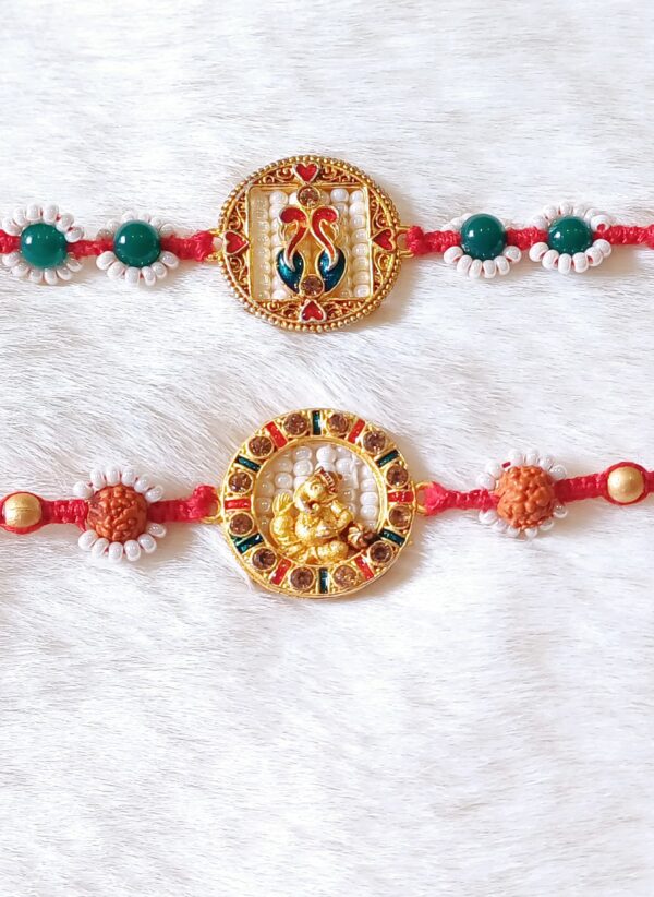 Couple Rakhi with Ganesha and Peacock design in Red and Green color - Image 2