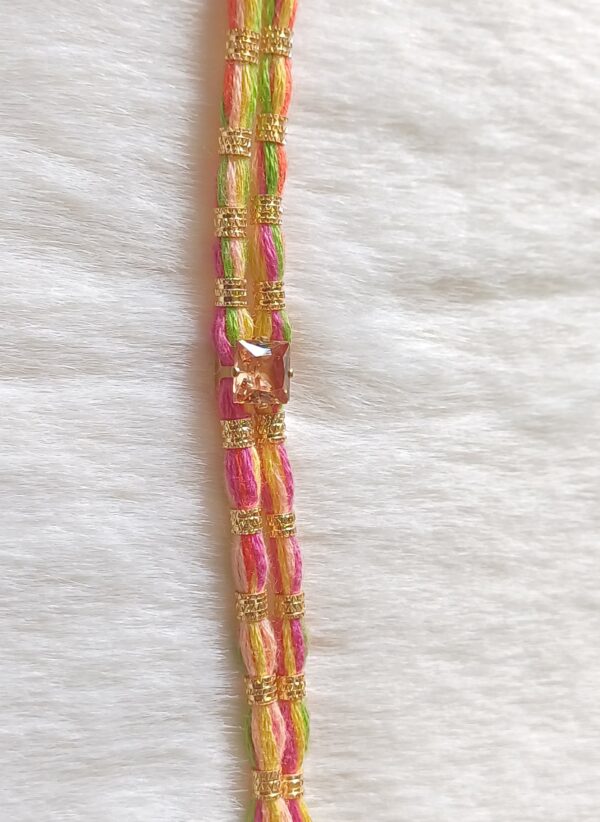 Green, Yellow, Pink, Orange color with Purple diamond design Rakhi - Image 3