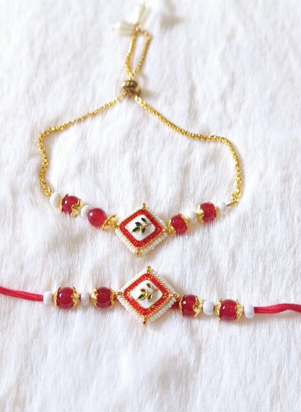 Red White color with Green flower in square design Rakhi - Image 5