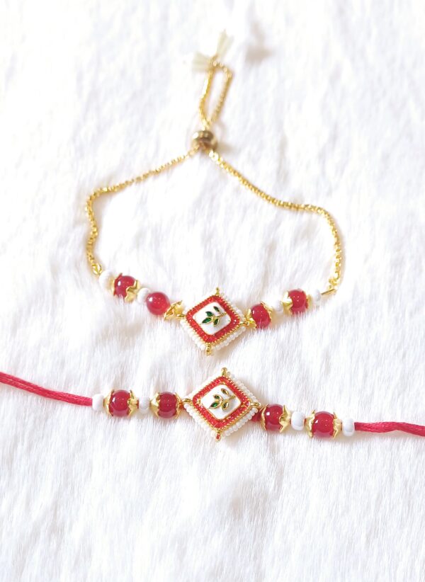 Red White color with Green flower in square design Rakhi - Image 6