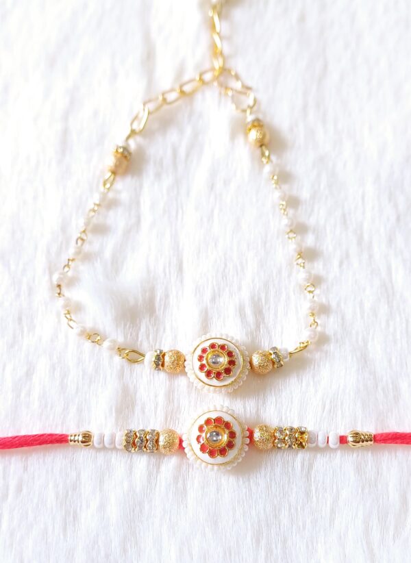 Couple Rakhi with White, Yellow and Red color with Flower Design with white background