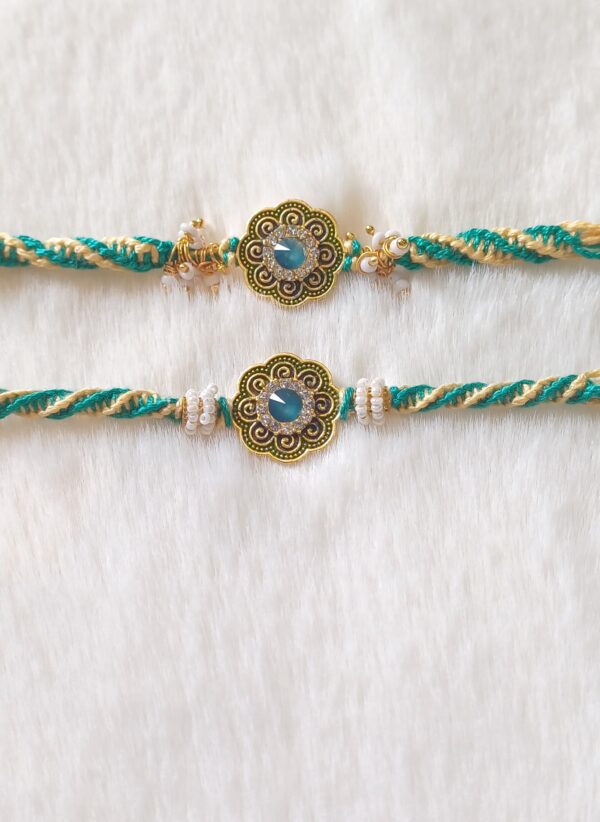 Green and Yelow color with Flower Design Rakhi - Image 3