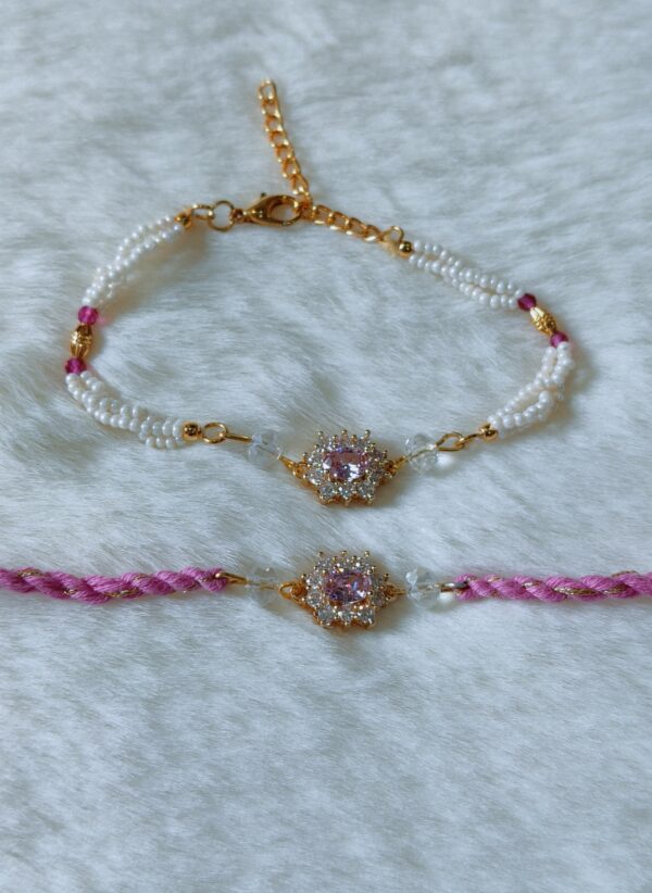 Couple Rakhi - White and Pink Pearls - Image 3