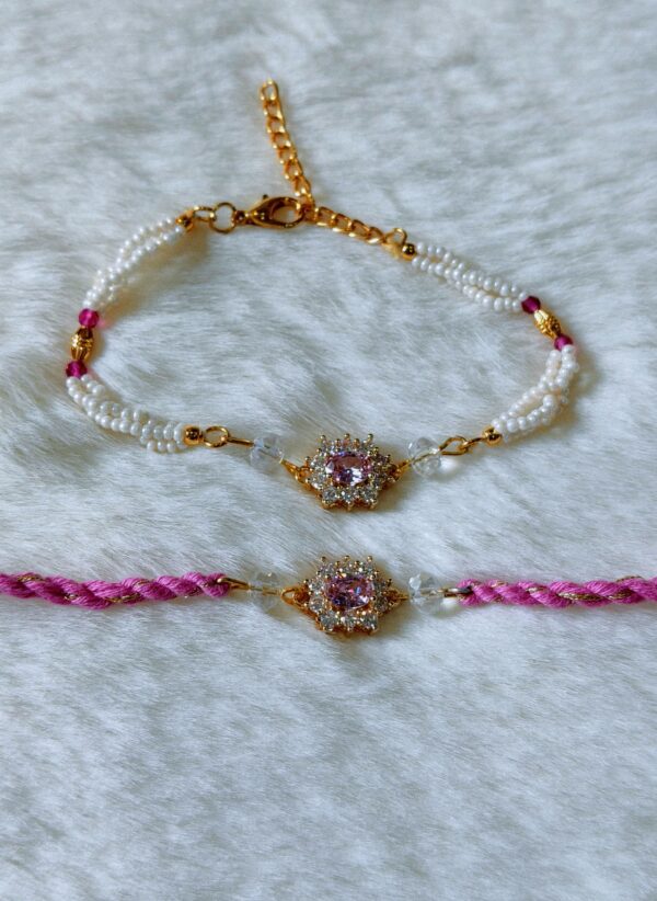 Couple Rakhi - White and Pink Pearls - Image 4