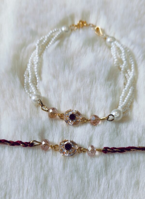 Couple Rakhi - White pearls and Maroon Pearls