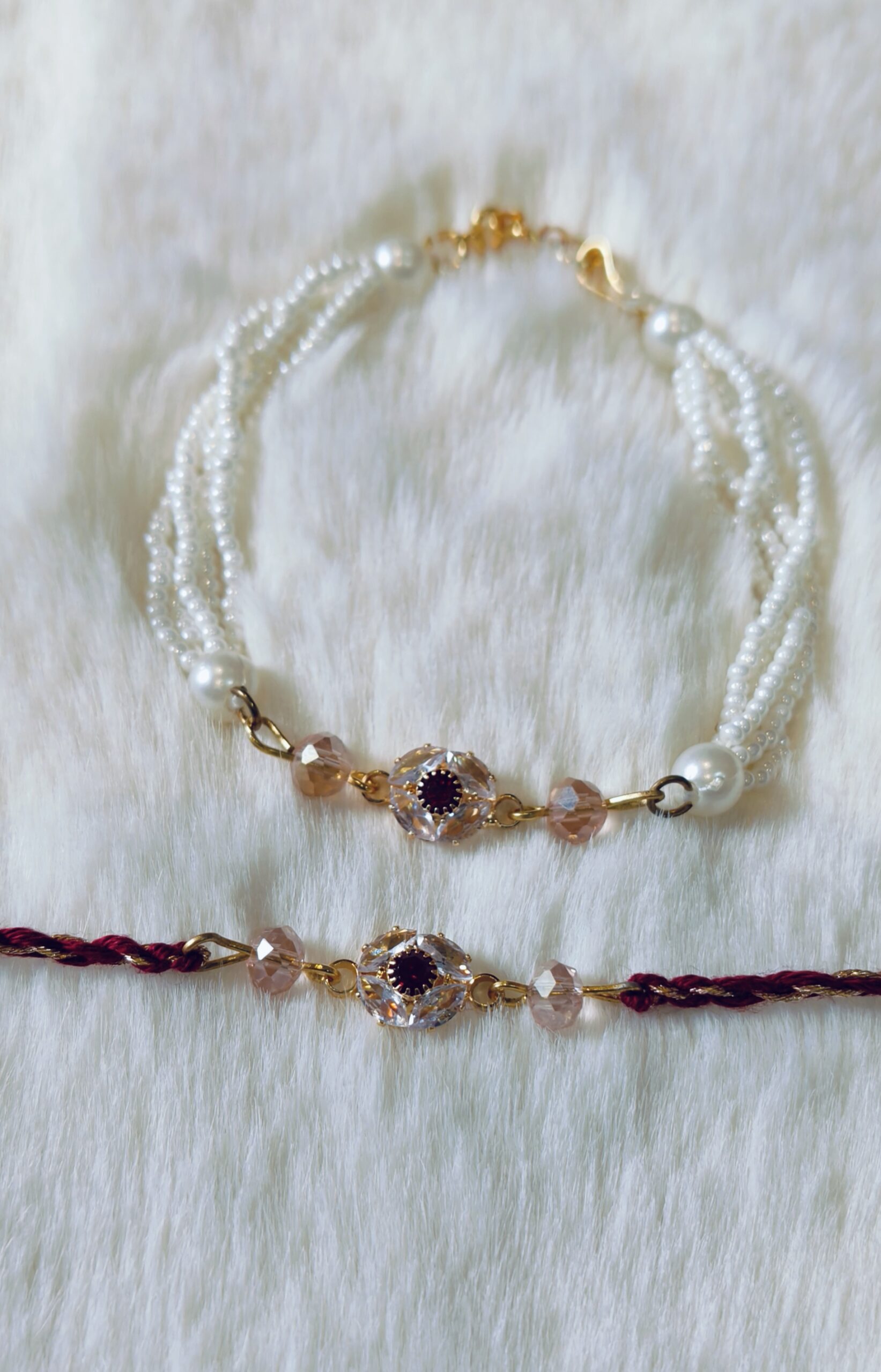 Couple Rakhi - White pearls and Maroon Pearls