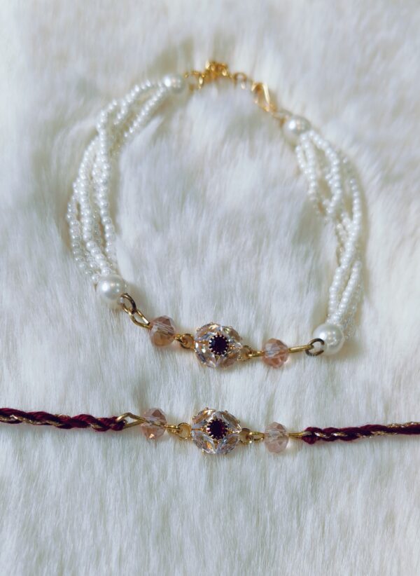 Couple Rakhi - White pearls and Maroon Pearls - Image 3