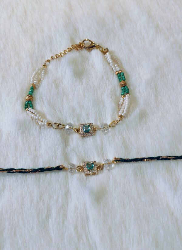 Couple Rakhi - White and Green pearls - Image 2