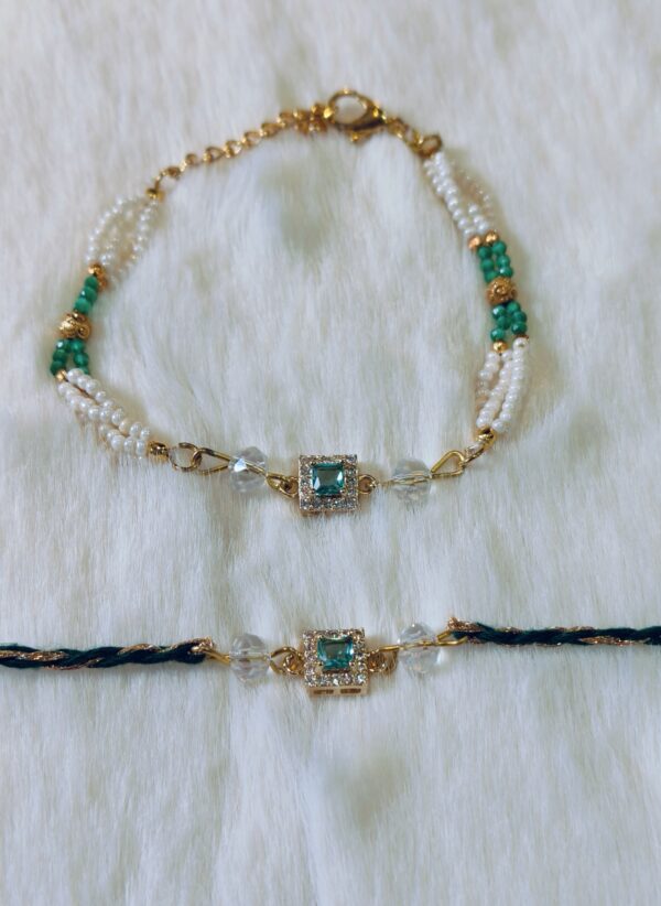 Couple Rakhi - White and Green pearls