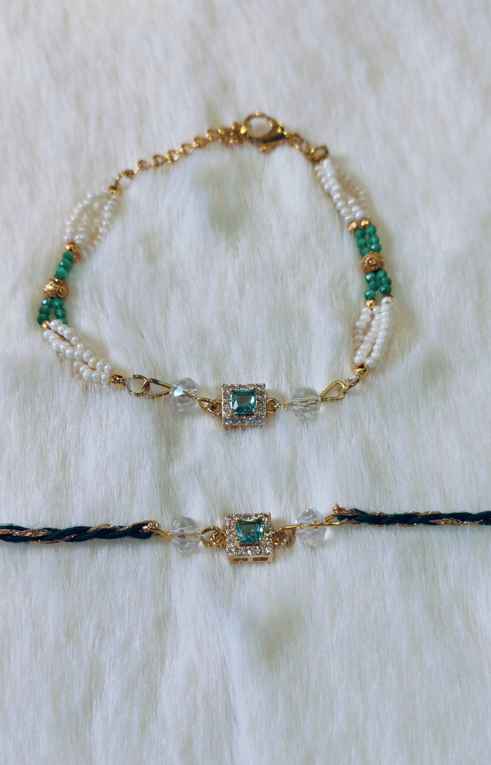 Couple Rakhi - White and Green pearls