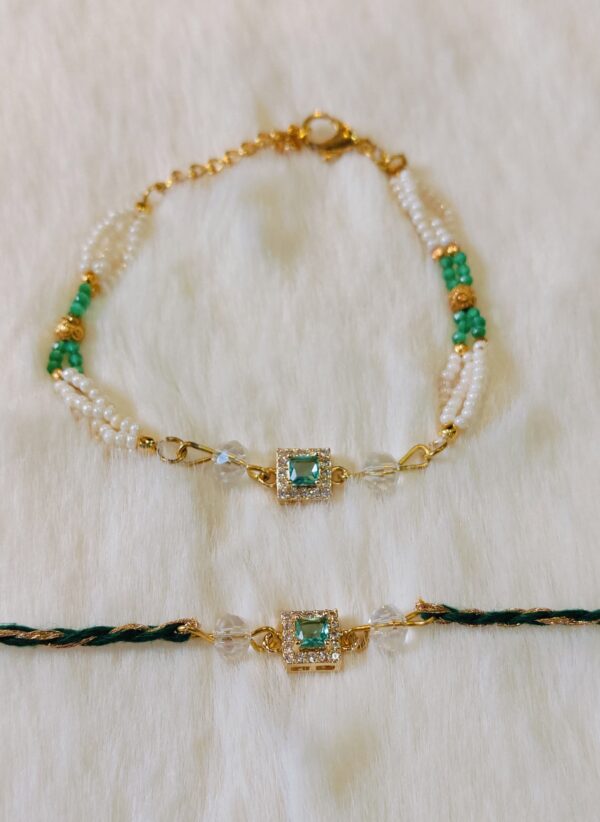 Couple Rakhi - White and Green pearls - Image 4