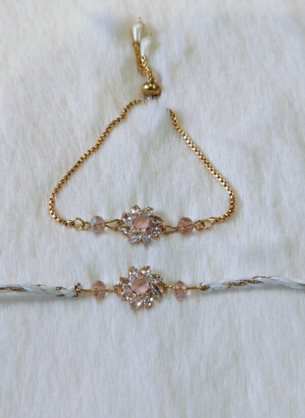 Couple Rakhi - Golden and Blue color with Pink Flower designed pearl