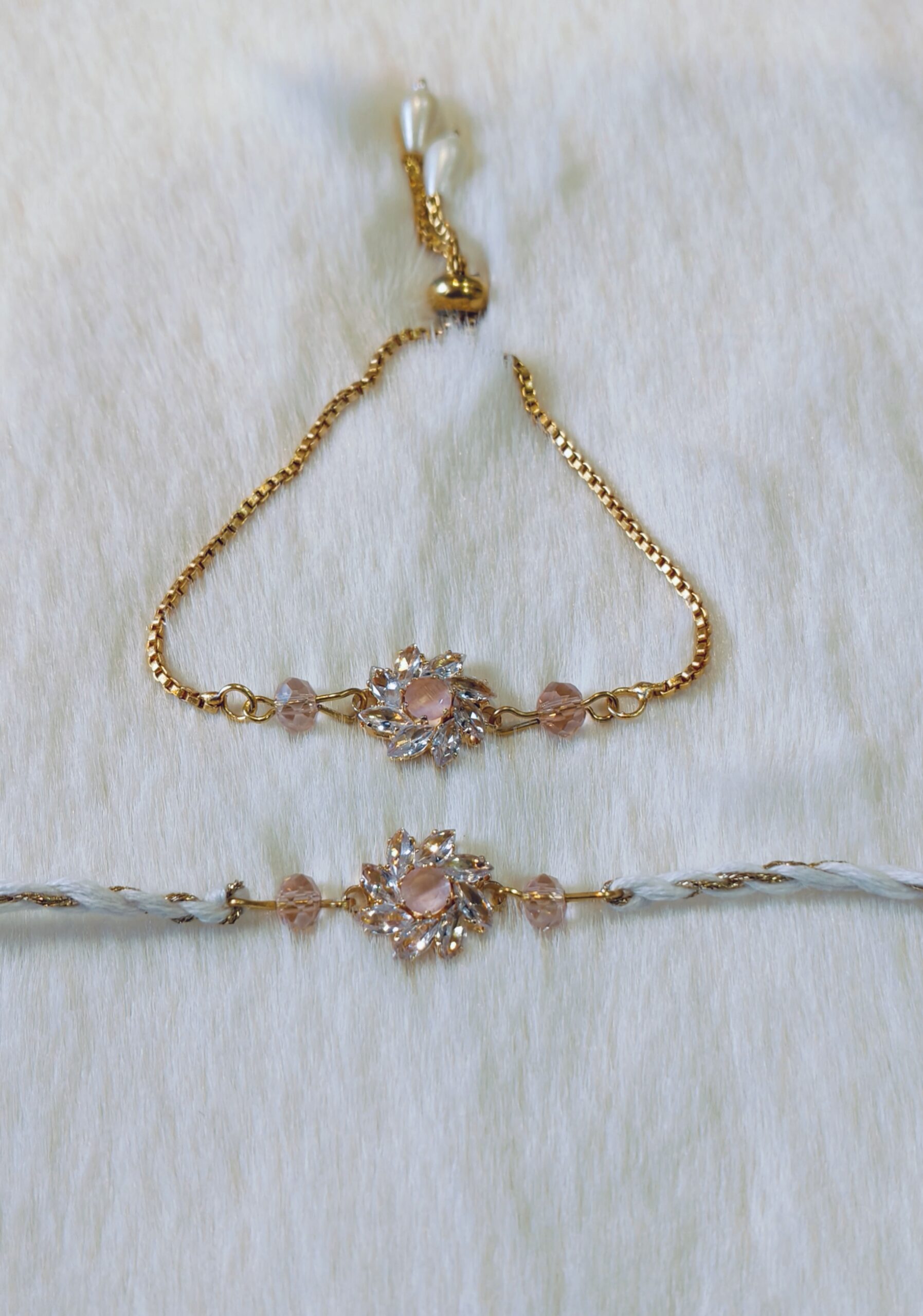 Couple Rakhi - Golden and Blue color with Pink Flower designed pearl