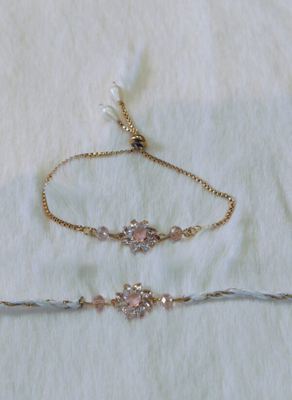 Couple Rakhi - Golden and Blue color with Pink Flower designed pearl - Image 3