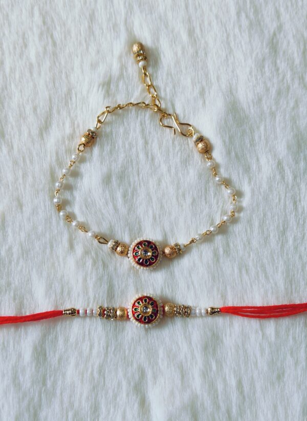 Couple Rakhi with White, Red and Green color with Flower Design with white background - Image 3