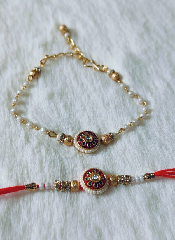 Couple Rakhi with White, Red and Green color with Flower Design with white background
