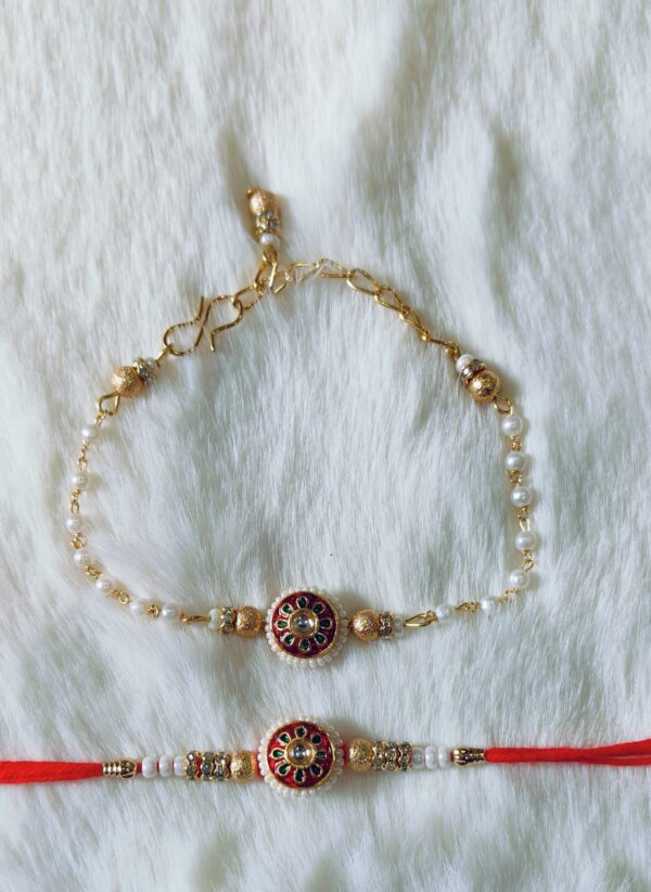 Couple Rakhi with White, Red and Green color with Flower Design with white background - Image 5