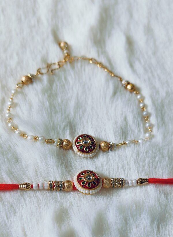 Couple Rakhi with White, Red and Green color with Flower Design with white background - Image 6