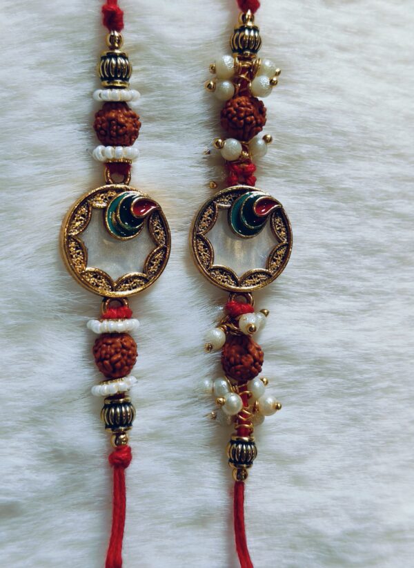Red color with Rudraksha and Leaf design Rakhi - Image 3