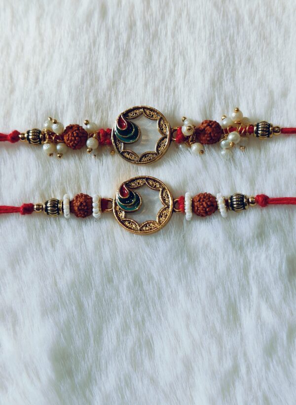 Red color with Rudraksha and Leaf design Rakhi - Image 5