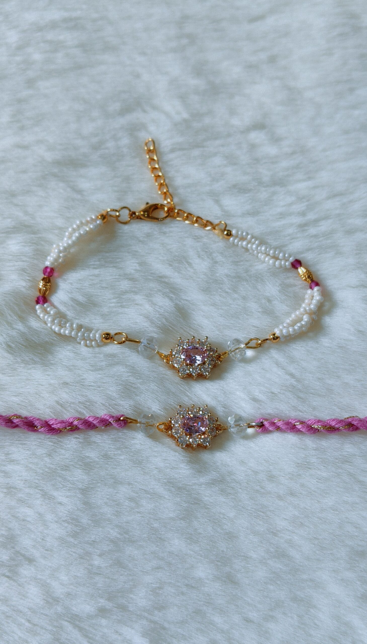 Couple Rakhi - White and Pink Pearls