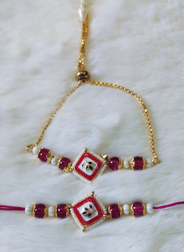 Red White color with Green flower in square design Rakhi - Image 3