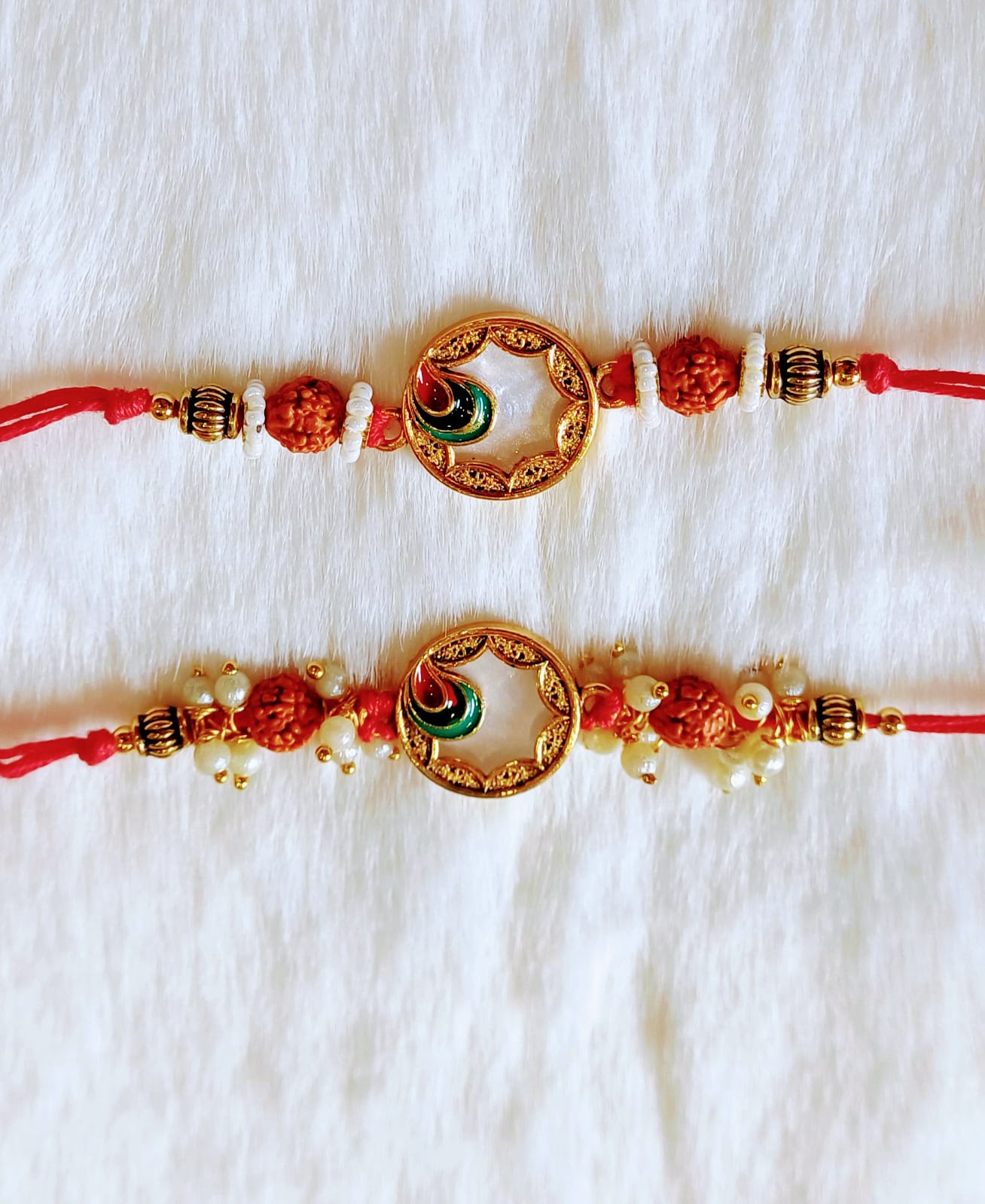 Red color with Rudraksha and Leaf design Rakhi