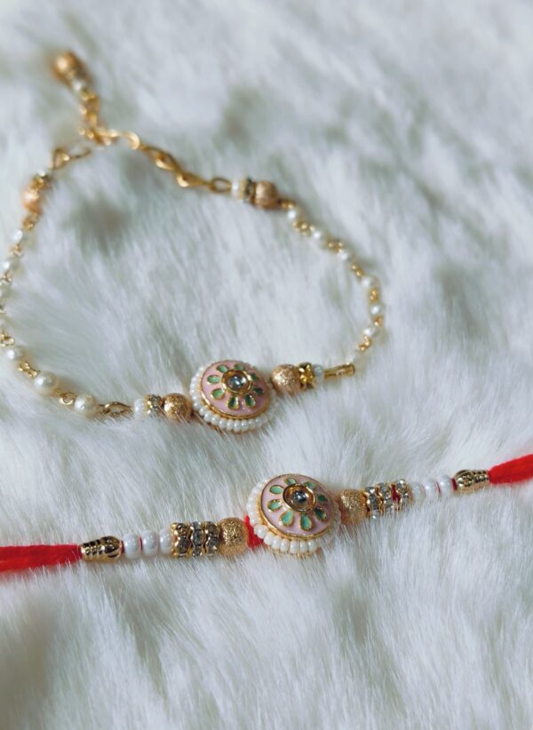 Couple Rakhi with White, Green and Pink color with Flower Design