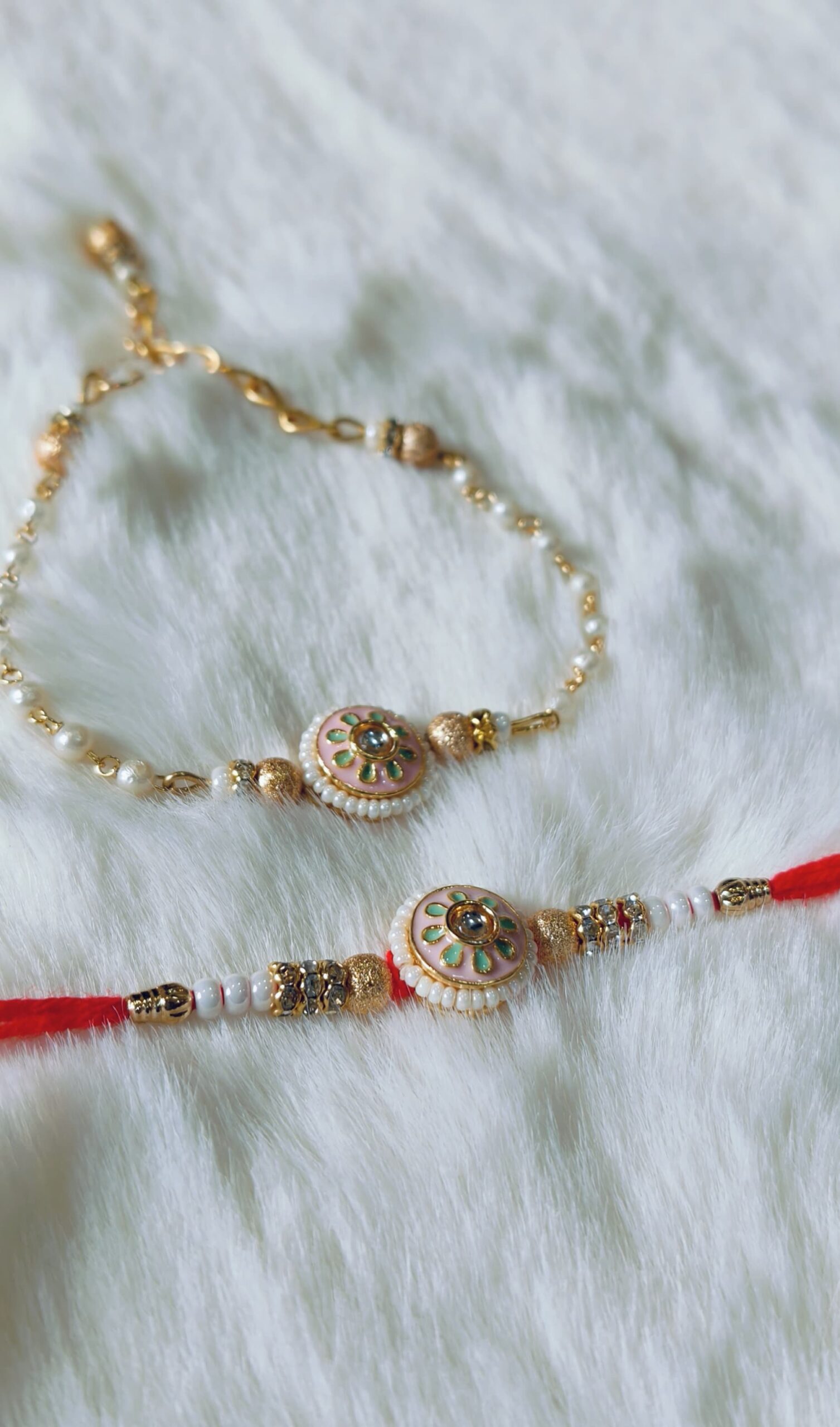 Couple Rakhi with White, Green and Pink color with Flower Design