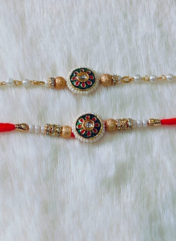 Couple Rakhi with White, Green and Red color with Flower Design with white background - Image 2