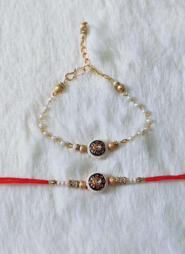 Couple Rakhi with White, Green and Red color with Flower Design with white background - Image 3